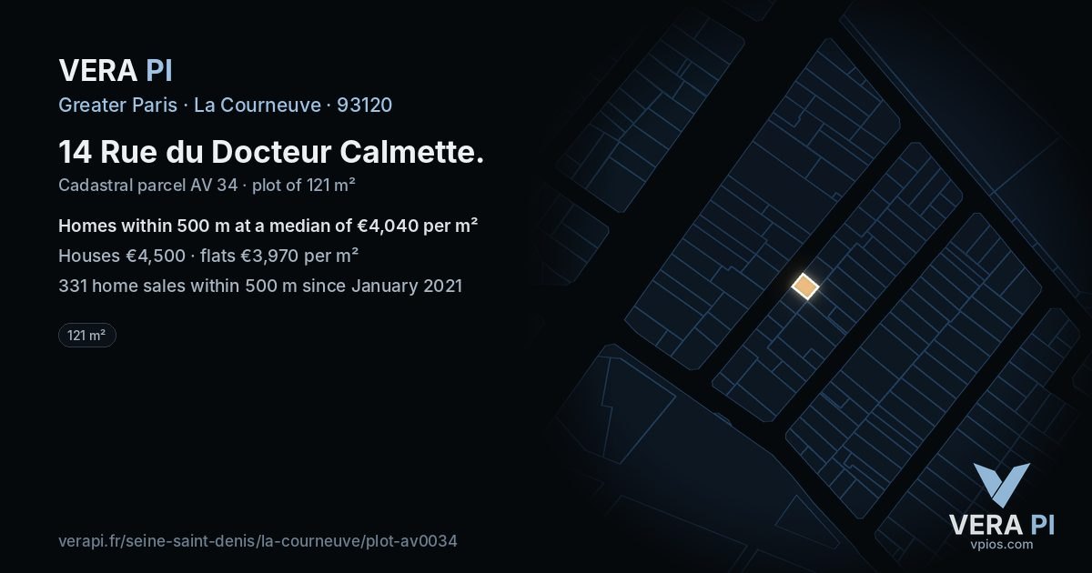 14 Rue du Docteur Calmette, La Courneuve at night – the plot lit, the parcels around coloured by the prices near them