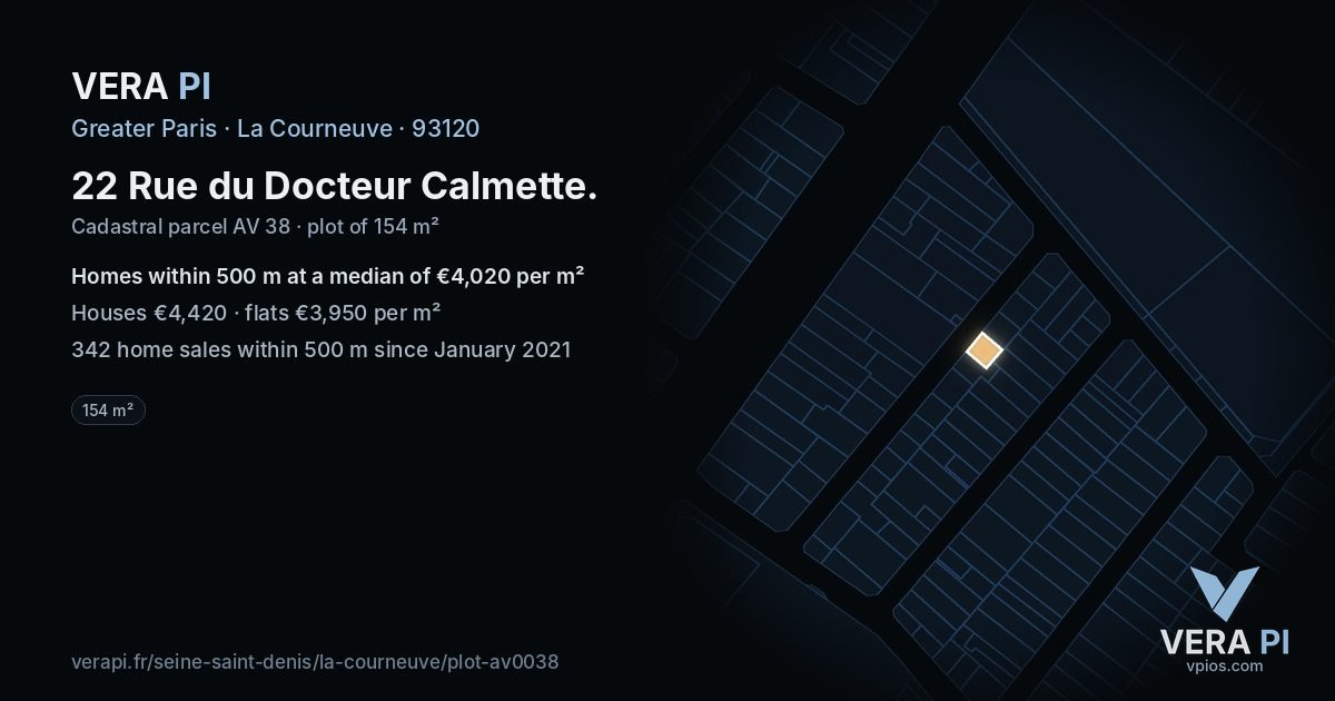 22 Rue du Docteur Calmette, La Courneuve at night – the plot lit, the parcels around coloured by the prices near them