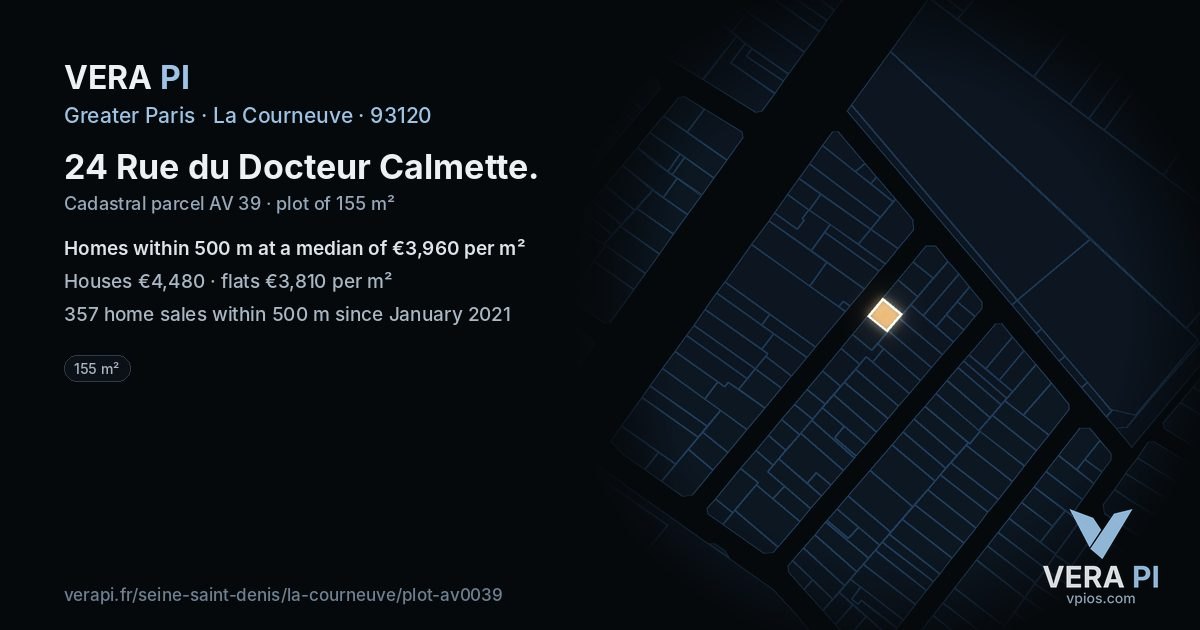 24 Rue du Docteur Calmette, La Courneuve at night – the plot lit, the parcels around coloured by the prices near them
