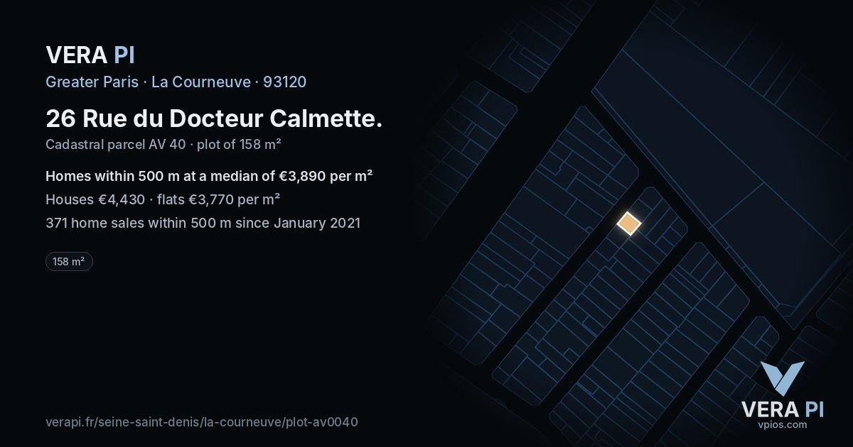 26 Rue du Docteur Calmette, La Courneuve at night – the plot lit, the parcels around coloured by the prices near them