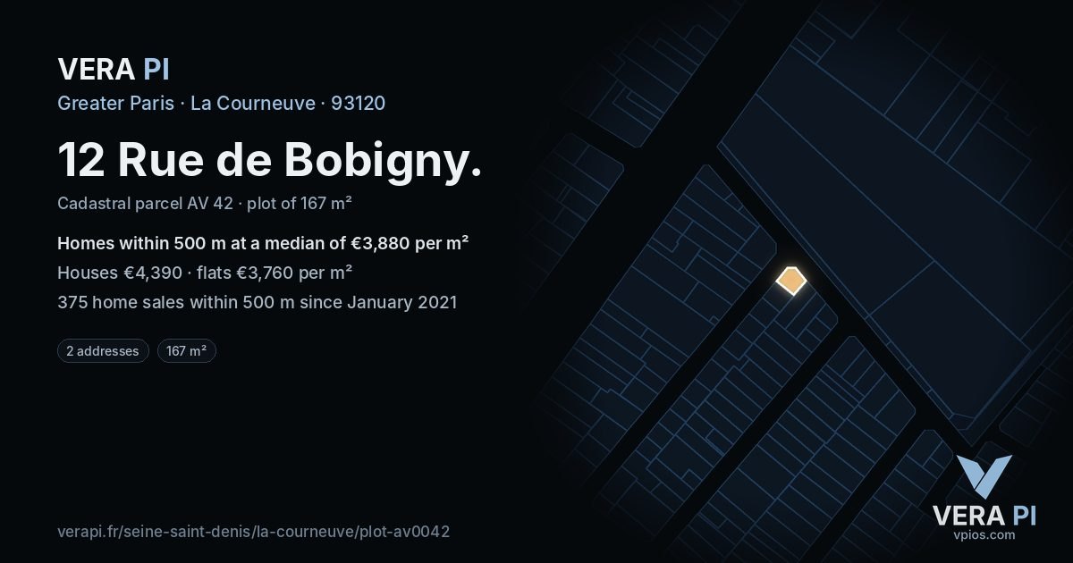 12 Rue de Bobigny, La Courneuve at night – the plot lit, the parcels around coloured by the prices near them
