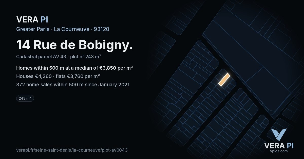 14 Rue de Bobigny, La Courneuve at night – the plot lit, the parcels around coloured by the prices near them
