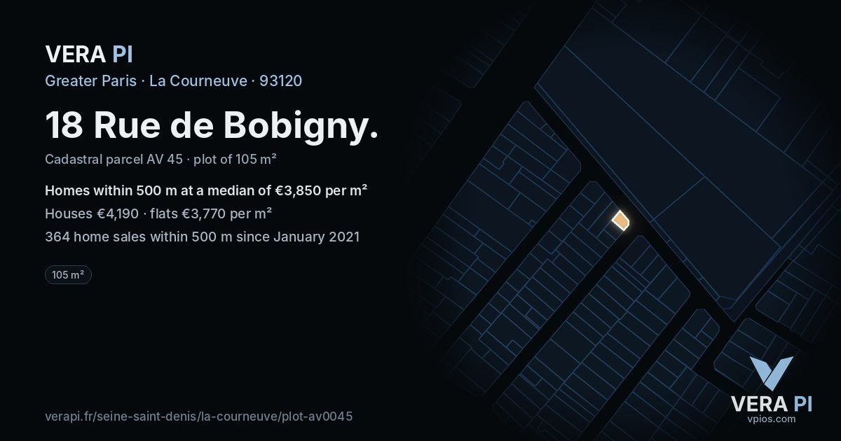 18 Rue de Bobigny, La Courneuve at night – the plot lit, the parcels around coloured by the prices near them