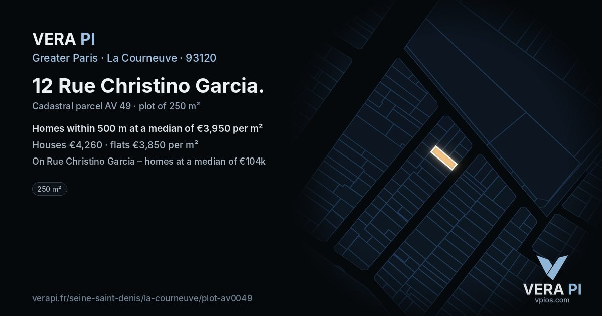 12 Rue Christino Garcia, La Courneuve at night – the plot lit, the parcels around coloured by the prices near them
