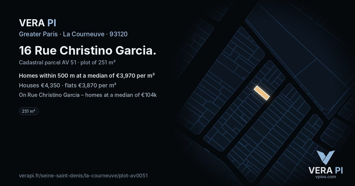 16 Rue Christino Garcia, La Courneuve at night – the plot lit, the parcels around coloured by the prices near them