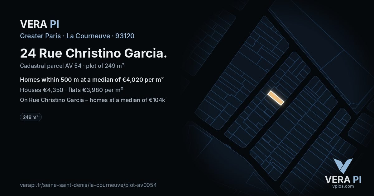24 Rue Christino Garcia, La Courneuve at night – the plot lit, the parcels around coloured by the prices near them