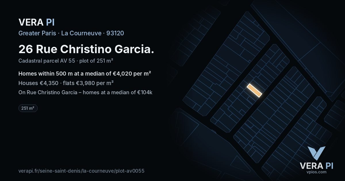 26 Rue Christino Garcia, La Courneuve at night – the plot lit, the parcels around coloured by the prices near them
