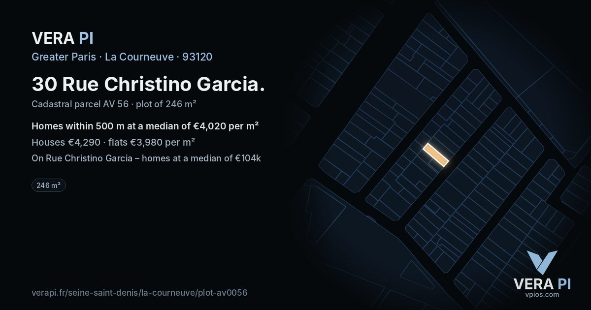 30 Rue Christino Garcia, La Courneuve at night – the plot lit, the parcels around coloured by the prices near them
