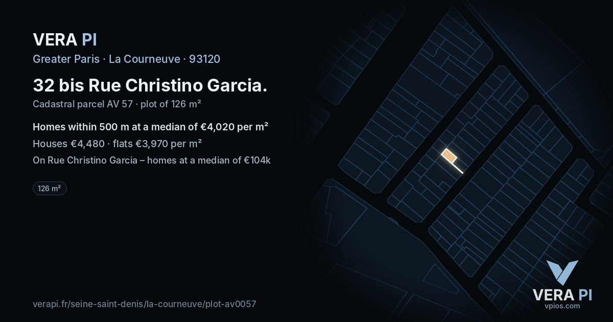32 bis Rue Christino Garcia, La Courneuve at night – the plot lit, the parcels around coloured by the prices near them
