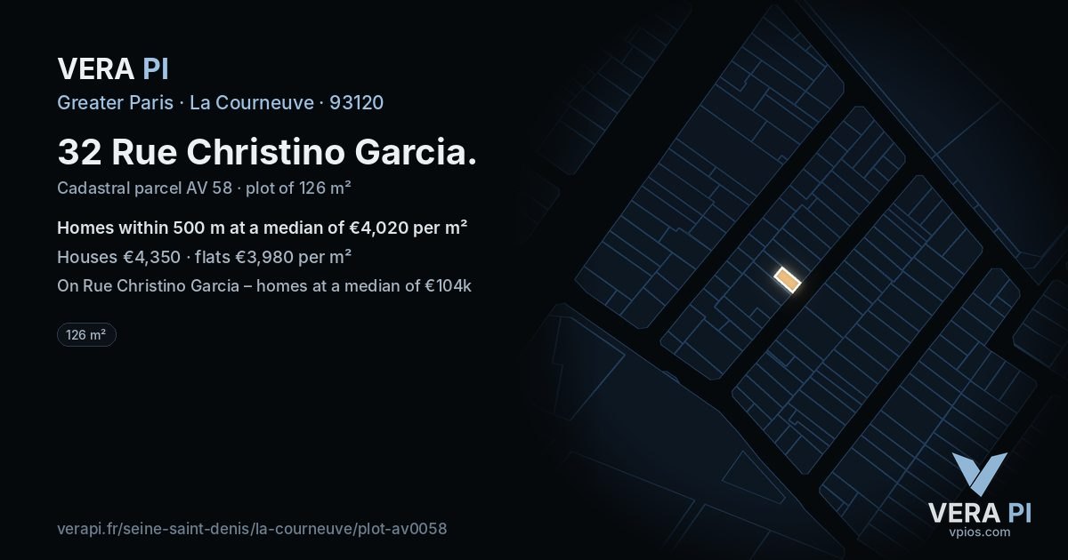 32 Rue Christino Garcia, La Courneuve at night – the plot lit, the parcels around coloured by the prices near them