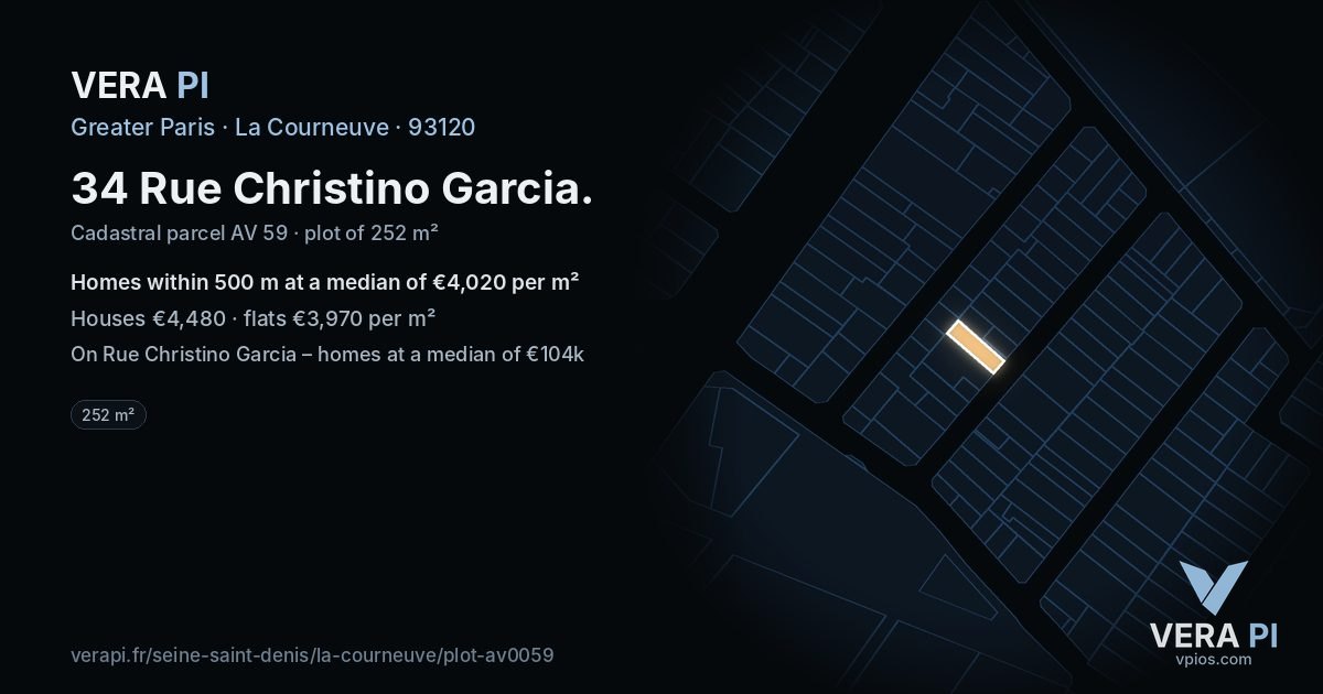 34 Rue Christino Garcia, La Courneuve at night – the plot lit, the parcels around coloured by the prices near them