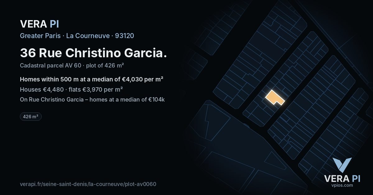 36 Rue Christino Garcia, La Courneuve at night – the plot lit, the parcels around coloured by the prices near them