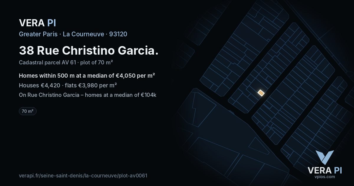 38 Rue Christino Garcia, La Courneuve at night – the plot lit, the parcels around coloured by the prices near them
