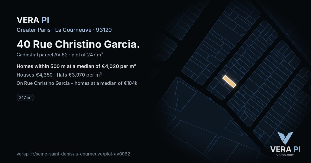 40 Rue Christino Garcia, La Courneuve at night – the plot lit, the parcels around coloured by the prices near them