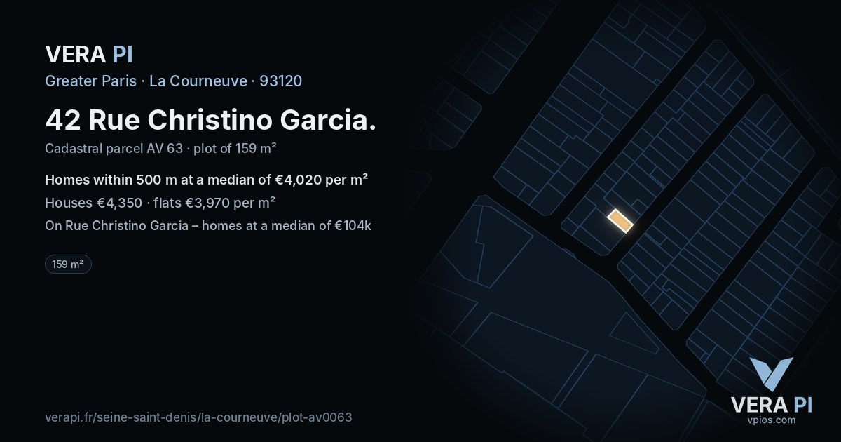 42 Rue Christino Garcia, La Courneuve at night – the plot lit, the parcels around coloured by the prices near them
