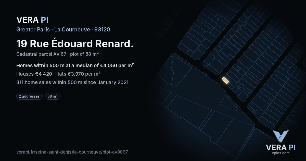 19 Rue Édouard Renard, La Courneuve at night – the plot lit, the parcels around coloured by the prices near them