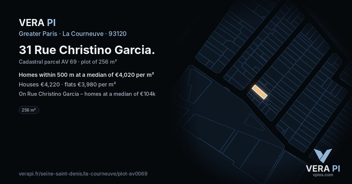 31 Rue Christino Garcia, La Courneuve at night – the plot lit, the parcels around coloured by the prices near them