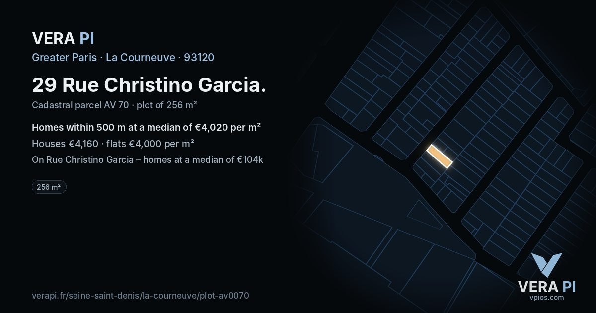 29 Rue Christino Garcia, La Courneuve at night – the plot lit, the parcels around coloured by the prices near them