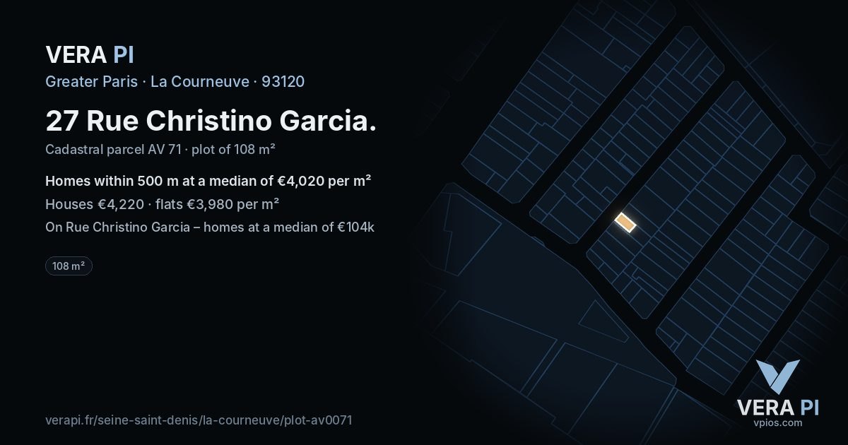 27 Rue Christino Garcia, La Courneuve at night – the plot lit, the parcels around coloured by the prices near them