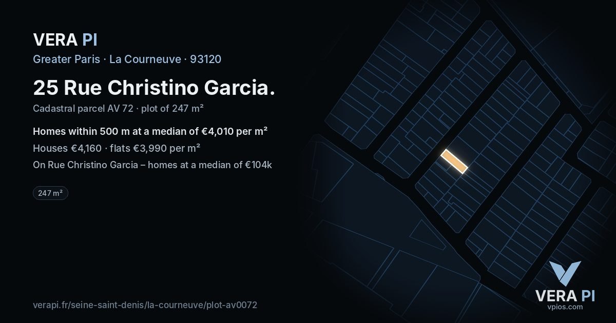 25 Rue Christino Garcia, La Courneuve at night – the plot lit, the parcels around coloured by the prices near them