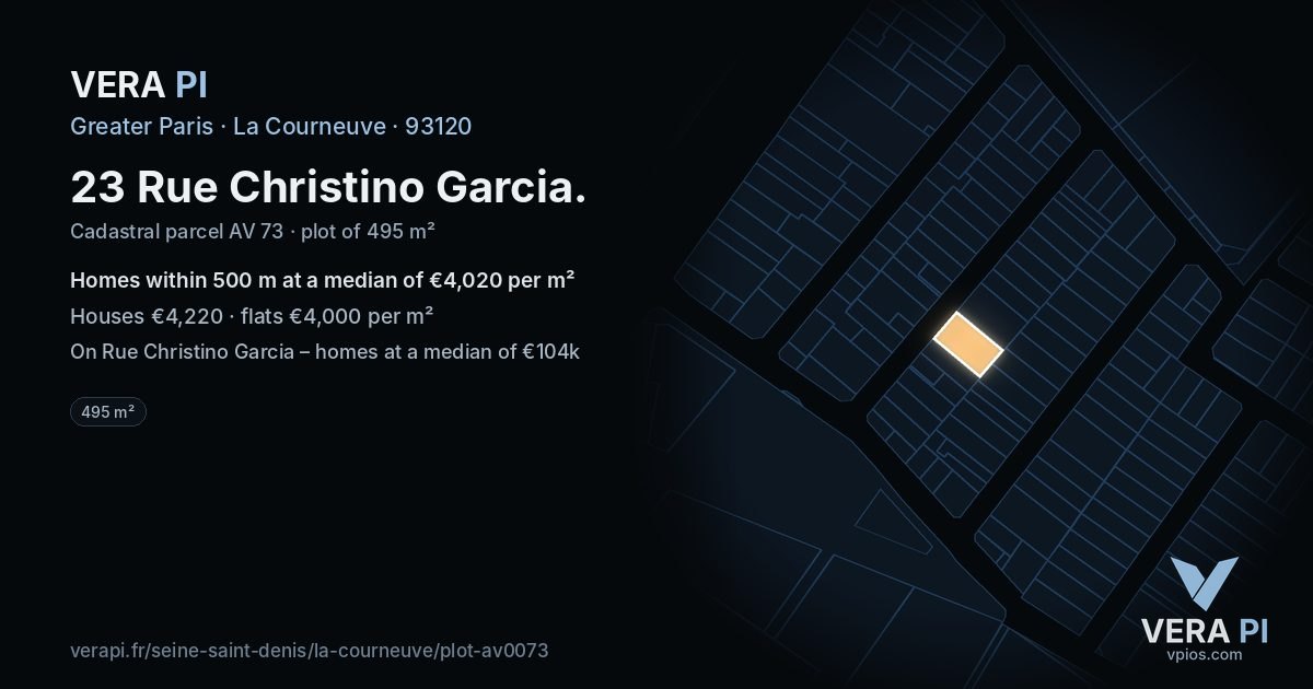 23 Rue Christino Garcia, La Courneuve at night – the plot lit, the parcels around coloured by the prices near them