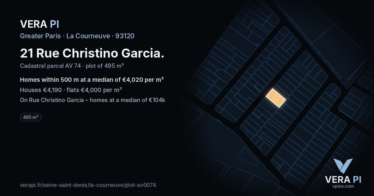21 Rue Christino Garcia, La Courneuve at night – the plot lit, the parcels around coloured by the prices near them
