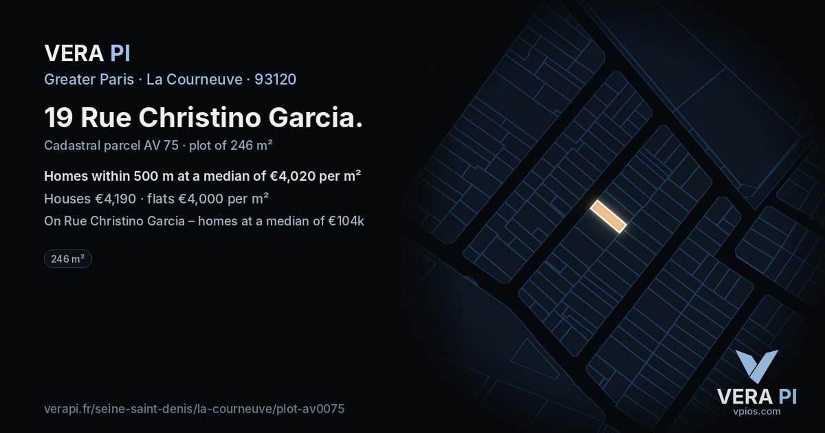 19 Rue Christino Garcia, La Courneuve at night – the plot lit, the parcels around coloured by the prices near them