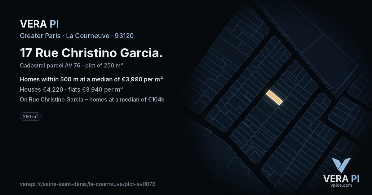 17 Rue Christino Garcia, La Courneuve at night – the plot lit, the parcels around coloured by the prices near them
