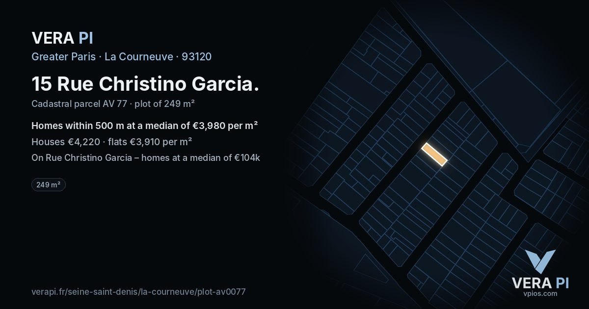 15 Rue Christino Garcia, La Courneuve at night – the plot lit, the parcels around coloured by the prices near them