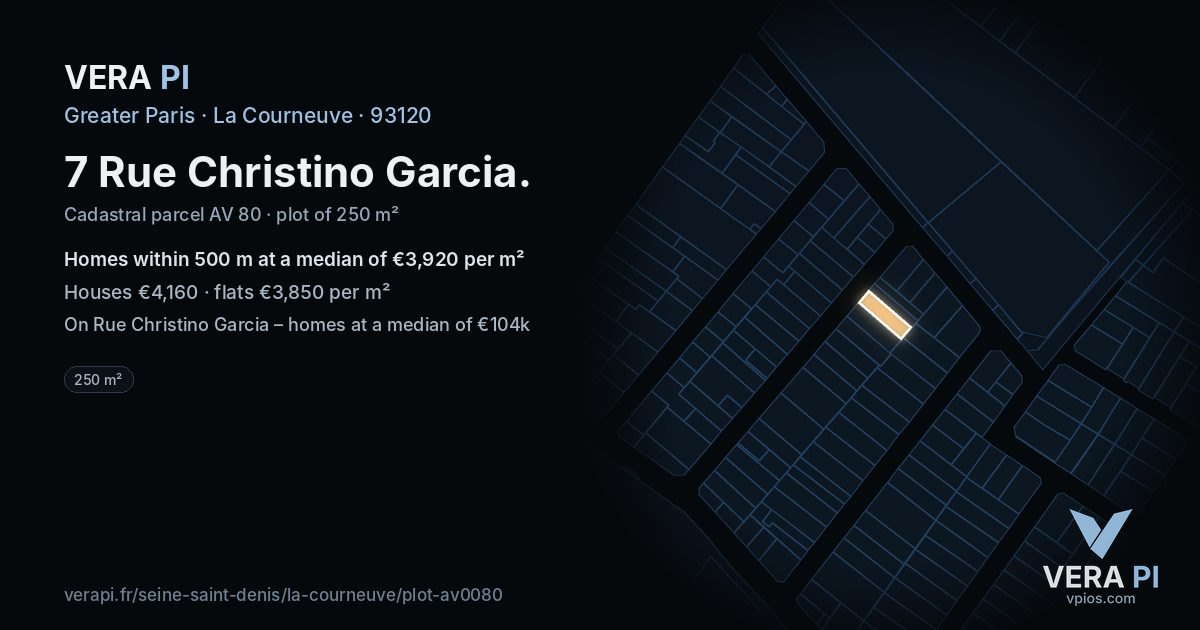 7 Rue Christino Garcia, La Courneuve at night – the plot lit, the parcels around coloured by the prices near them
