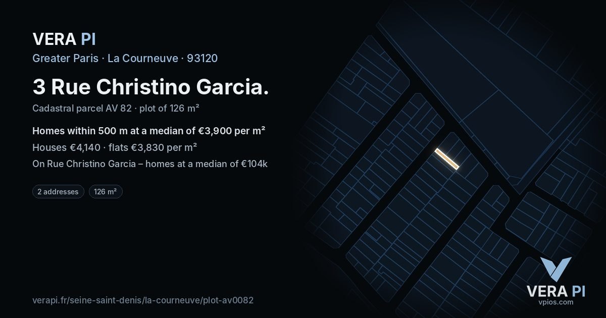 3 Rue Christino Garcia, La Courneuve at night – the plot lit, the parcels around coloured by the prices near them