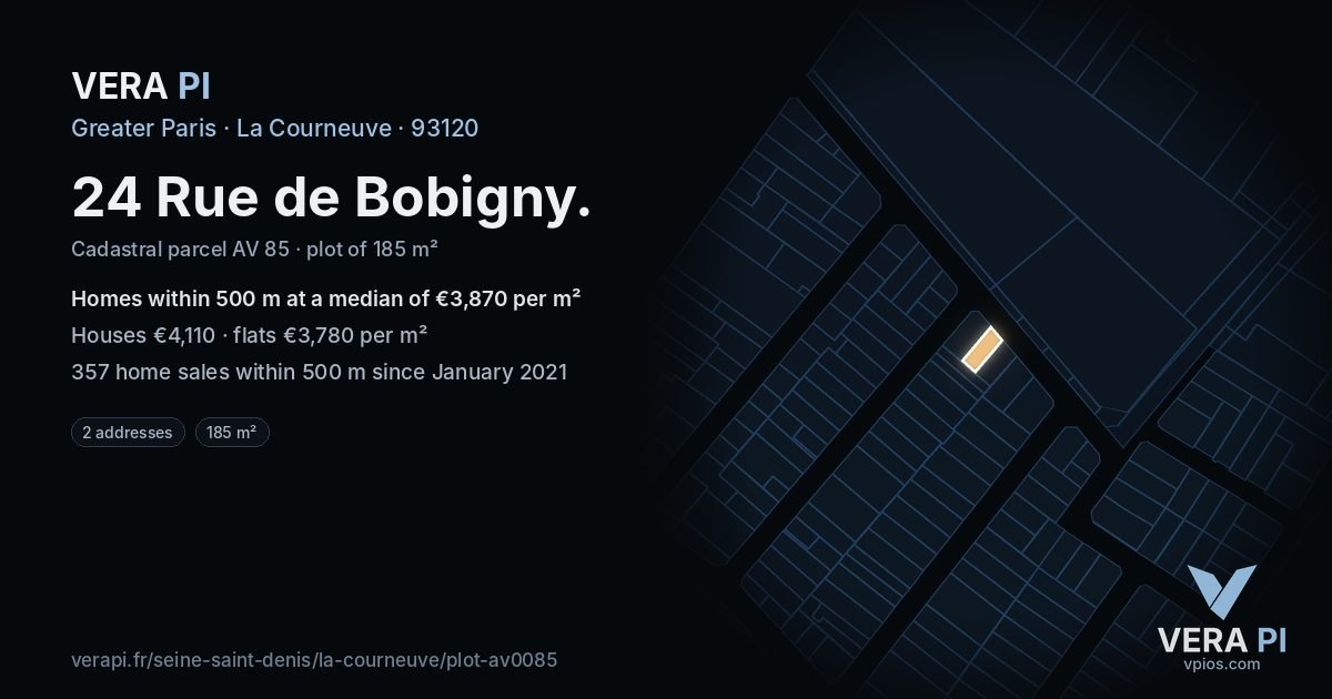 24 Rue de Bobigny, La Courneuve at night – the plot lit, the parcels around coloured by the prices near them