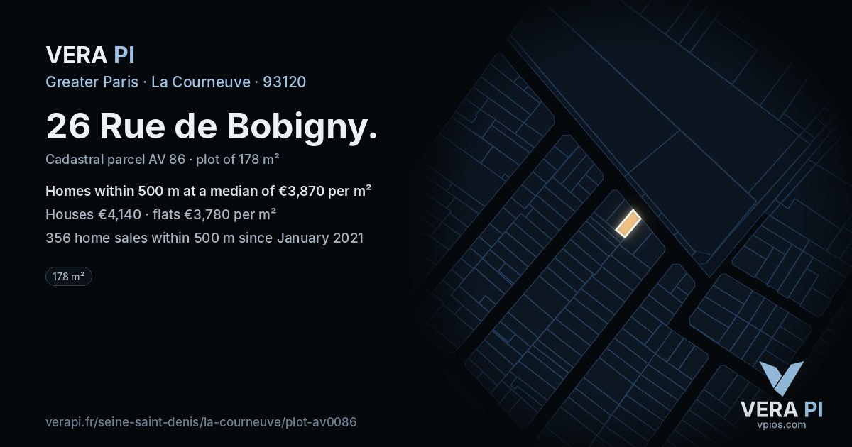 26 Rue de Bobigny, La Courneuve at night – the plot lit, the parcels around coloured by the prices near them