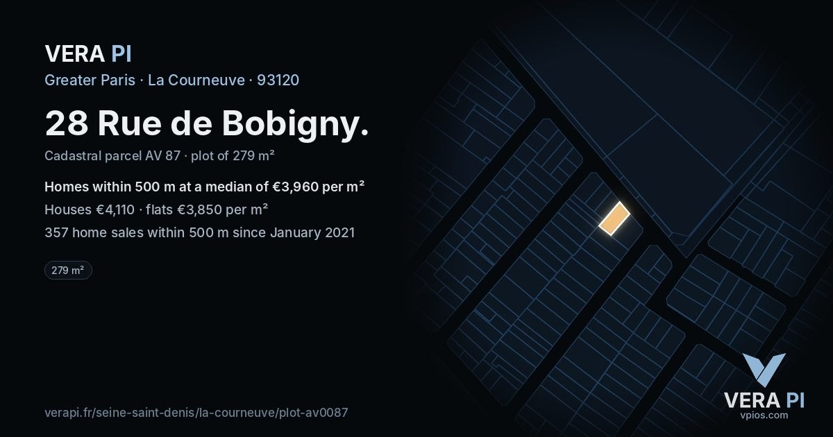 28 Rue de Bobigny, La Courneuve at night – the plot lit, the parcels around coloured by the prices near them