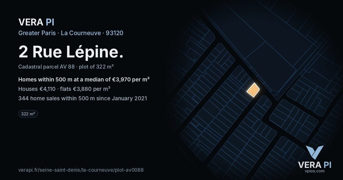 2 Rue Lépine, La Courneuve at night – the plot lit, the parcels around coloured by the prices near them