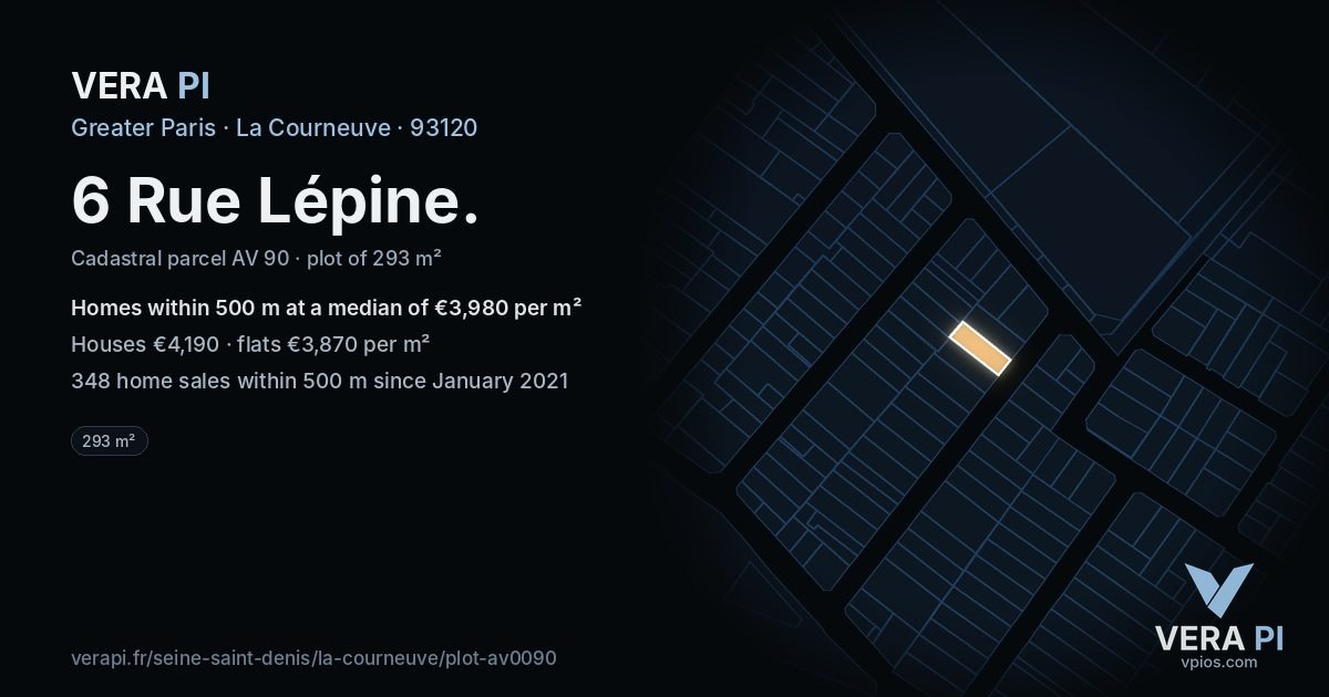 6 Rue Lépine, La Courneuve at night – the plot lit, the parcels around coloured by the prices near them