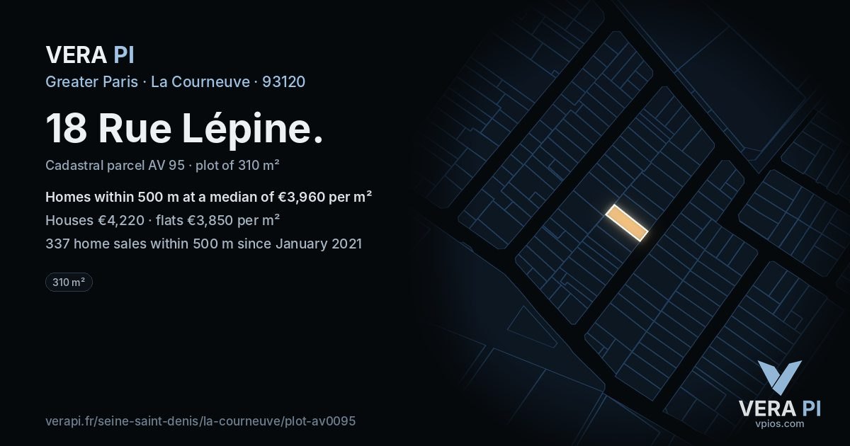 18 Rue Lépine, La Courneuve at night – the plot lit, the parcels around coloured by the prices near them
