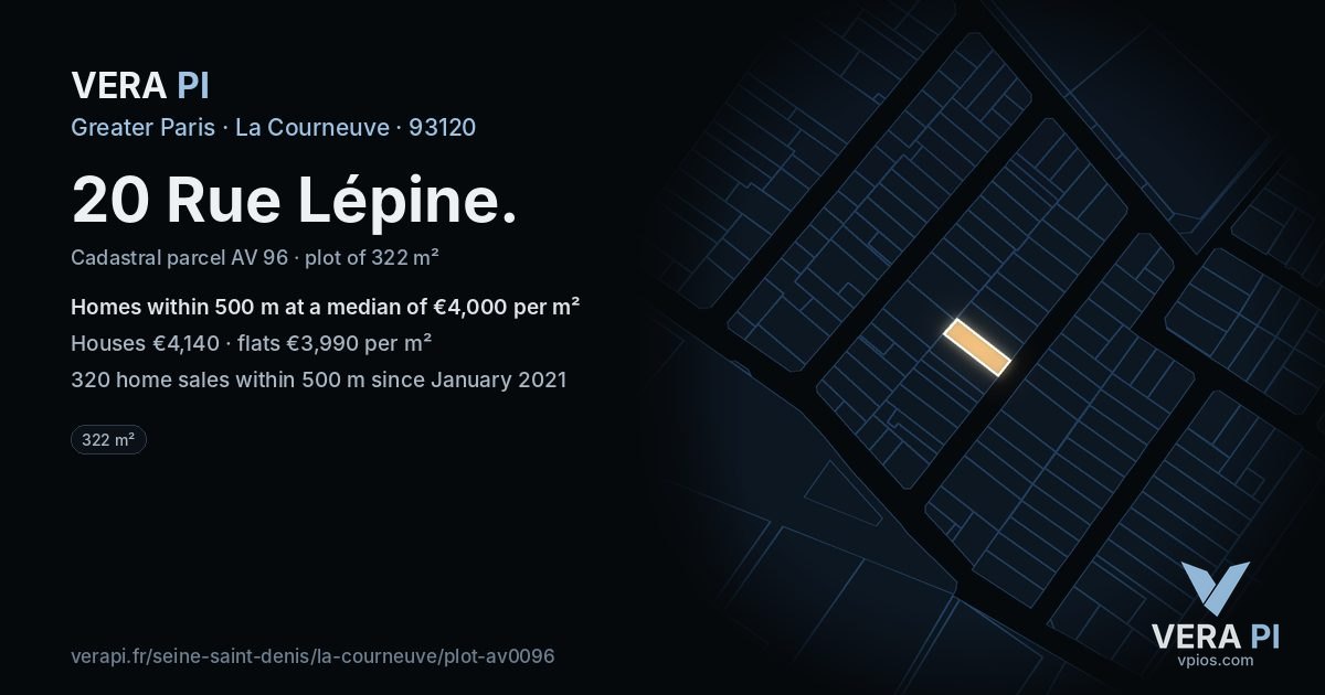 20 Rue Lépine, La Courneuve at night – the plot lit, the parcels around coloured by the prices near them