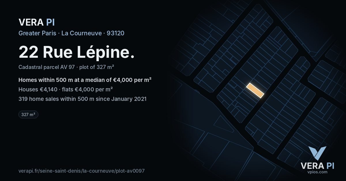22 Rue Lépine, La Courneuve at night – the plot lit, the parcels around coloured by the prices near them