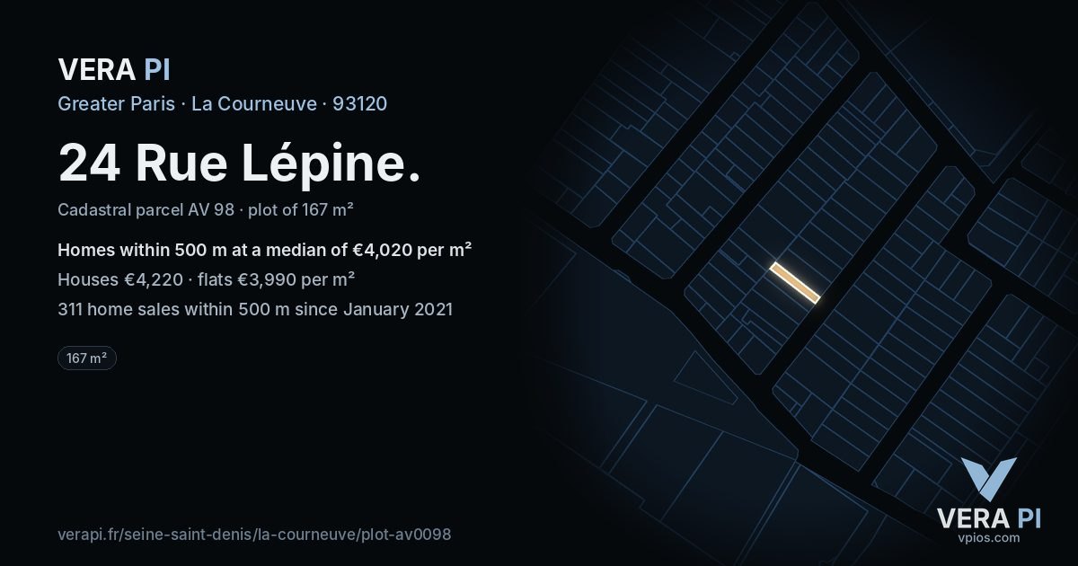 24 Rue Lépine, La Courneuve at night – the plot lit, the parcels around coloured by the prices near them