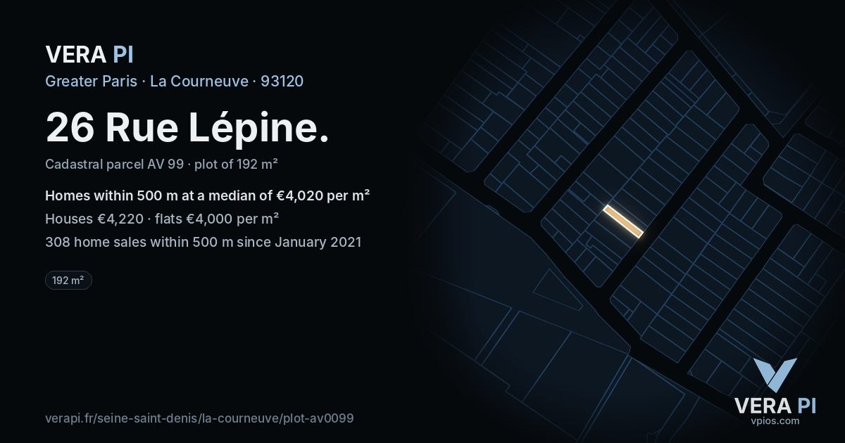 26 Rue Lépine, La Courneuve at night – the plot lit, the parcels around coloured by the prices near them