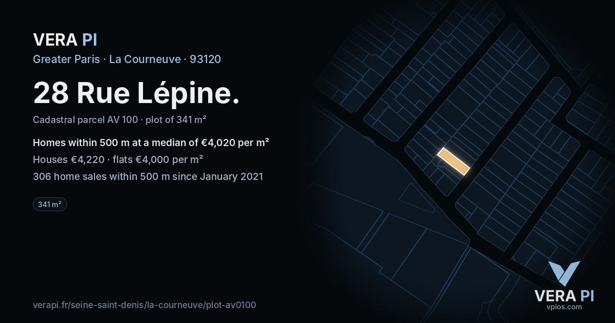 28 Rue Lépine, La Courneuve at night – the plot lit, the parcels around coloured by the prices near them