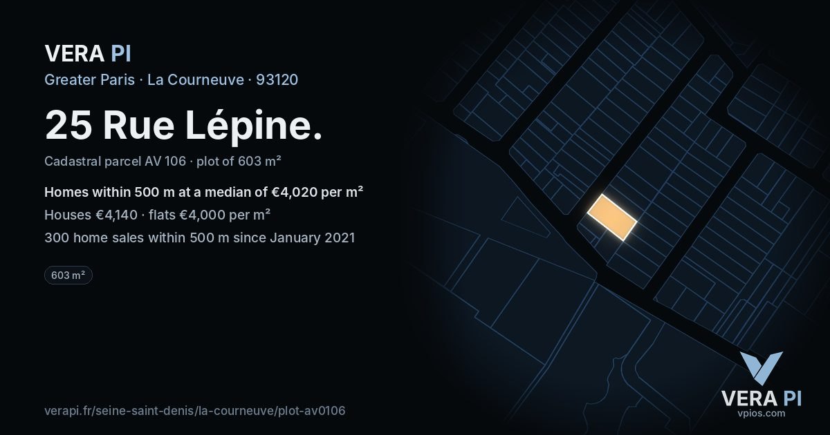 25 Rue Lépine, La Courneuve at night – the plot lit, the parcels around coloured by the prices near them