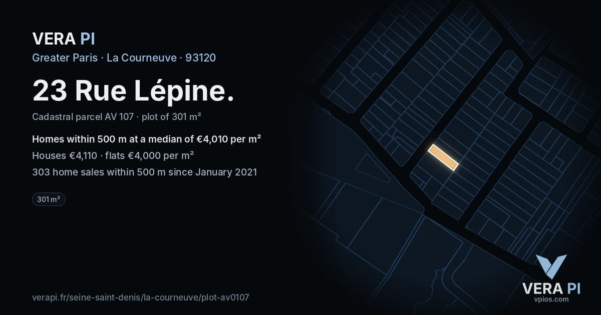 23 Rue Lépine, La Courneuve at night – the plot lit, the parcels around coloured by the prices near them