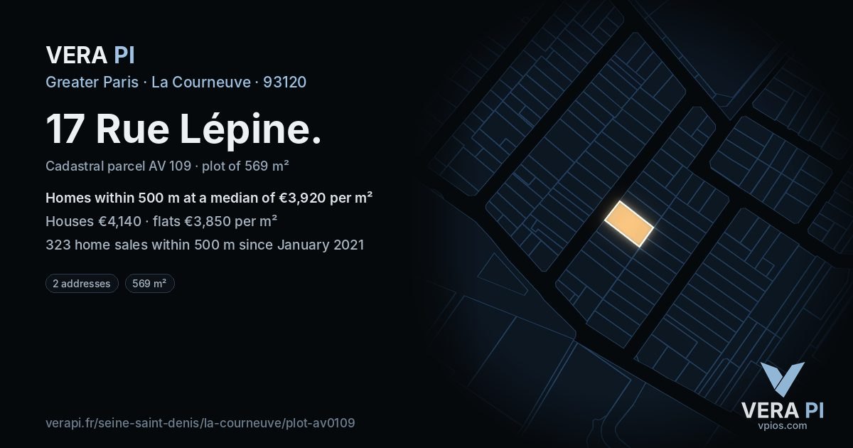 17 Rue Lépine, La Courneuve at night – the plot lit, the parcels around coloured by the prices near them