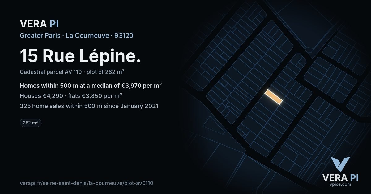 15 Rue Lépine, La Courneuve at night – the plot lit, the parcels around coloured by the prices near them