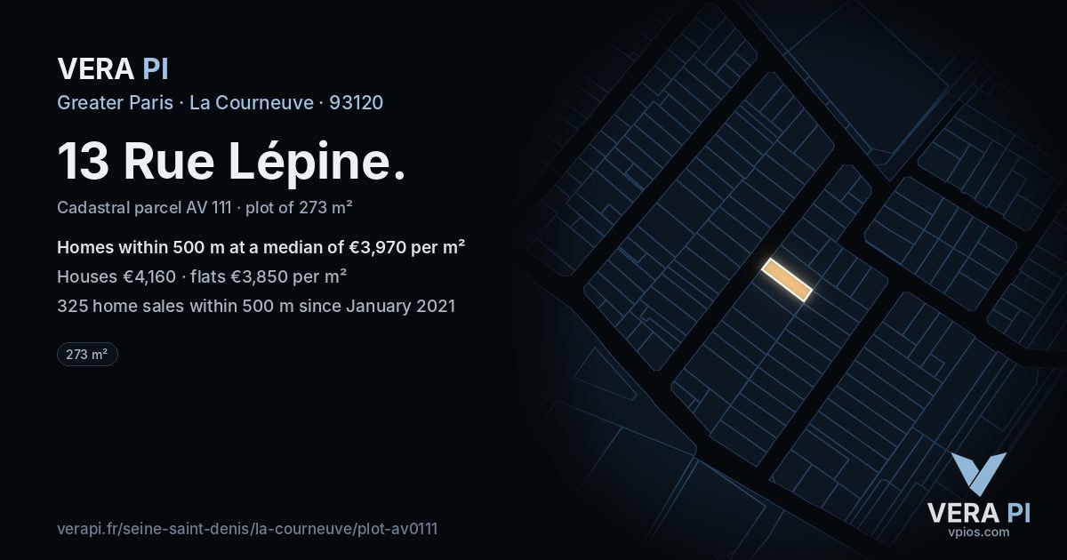 13 Rue Lépine, La Courneuve at night – the plot lit, the parcels around coloured by the prices near them