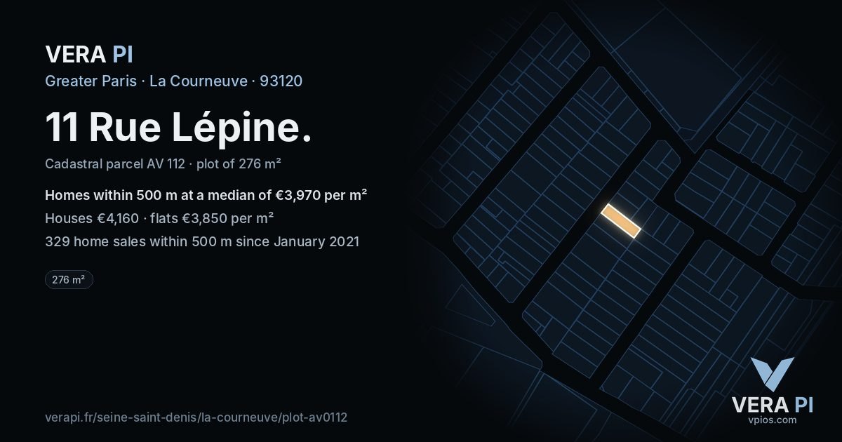 11 Rue Lépine, La Courneuve at night – the plot lit, the parcels around coloured by the prices near them