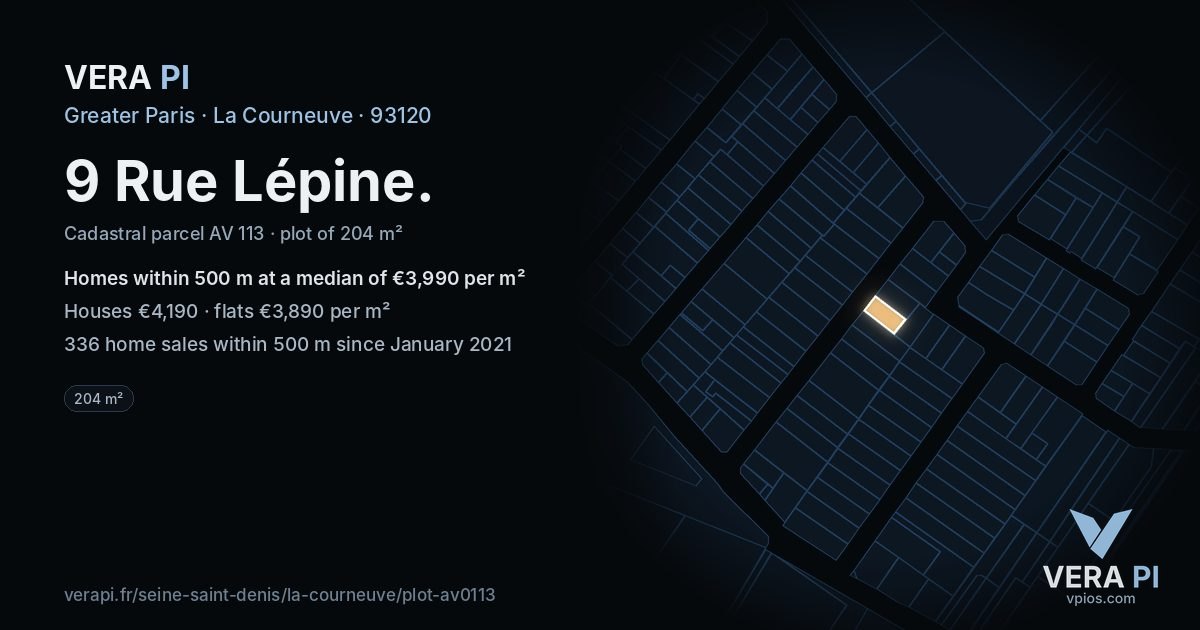9 Rue Lépine, La Courneuve at night – the plot lit, the parcels around coloured by the prices near them