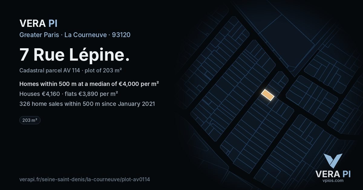 7 Rue Lépine, La Courneuve at night – the plot lit, the parcels around coloured by the prices near them